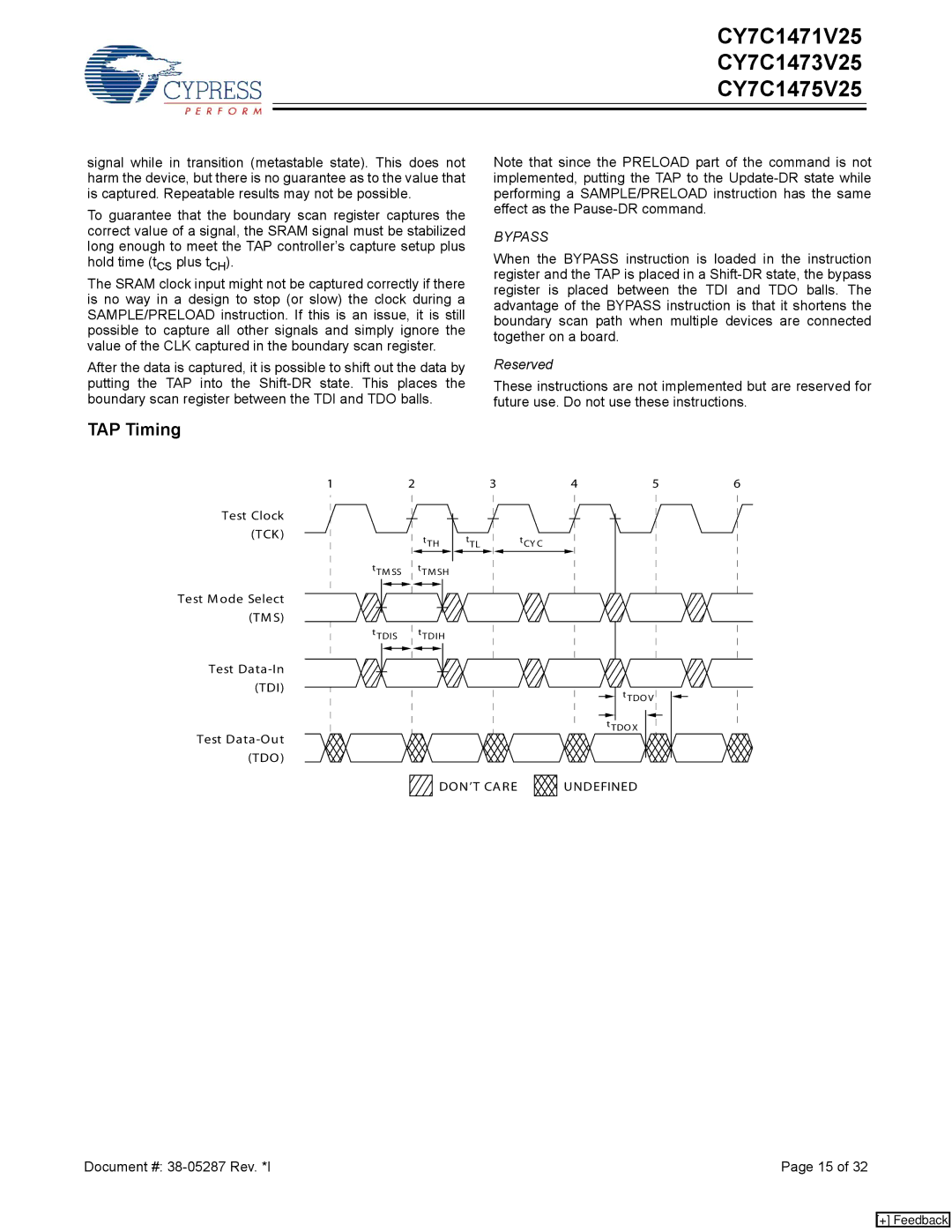 Cypress CY7C1473V25, CY7C1475V25, CY7C1471V25 manual TAP Timing, Bypass 