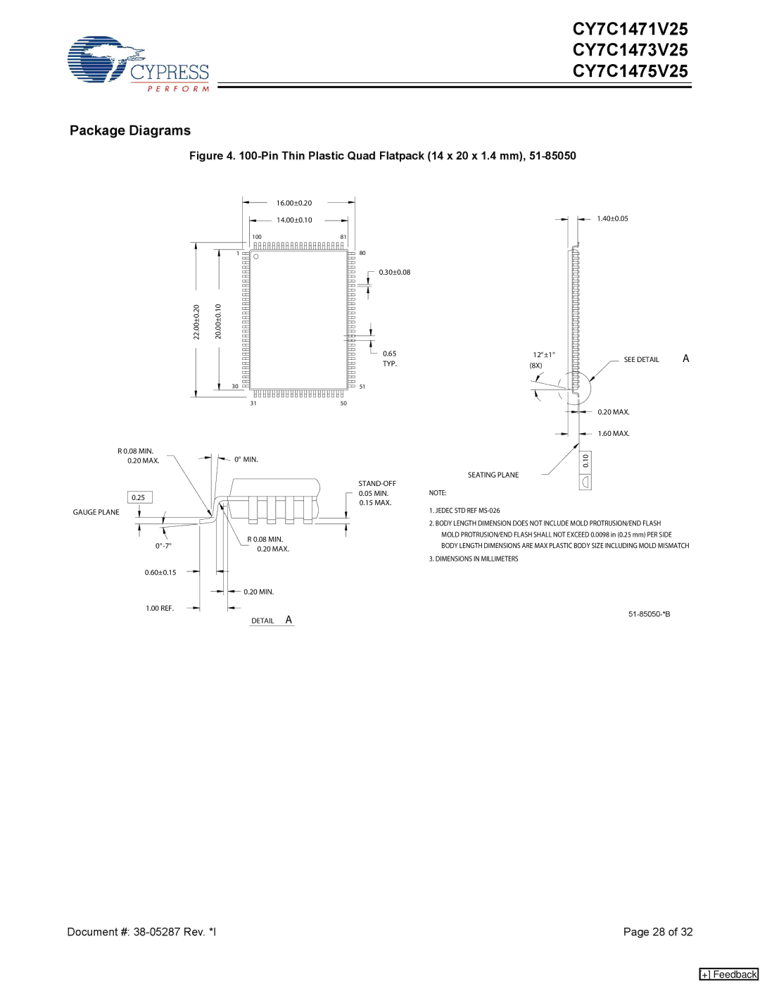 Cypress CY7C1475V25, CY7C1473V25, CY7C1471V25 manual Package Diagrams, Pin Thin Plastic Quad Flatpack 14 x 20 x 1.4 mm 