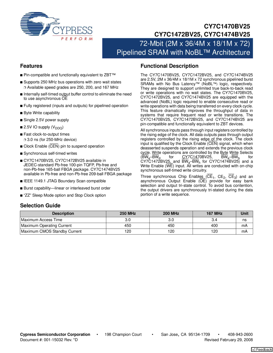 Cypress CY7C1472BV25 manual Features, Functional Description, Selection Guide, Description 250 MHz 200 MHz 167 MHz Unit 