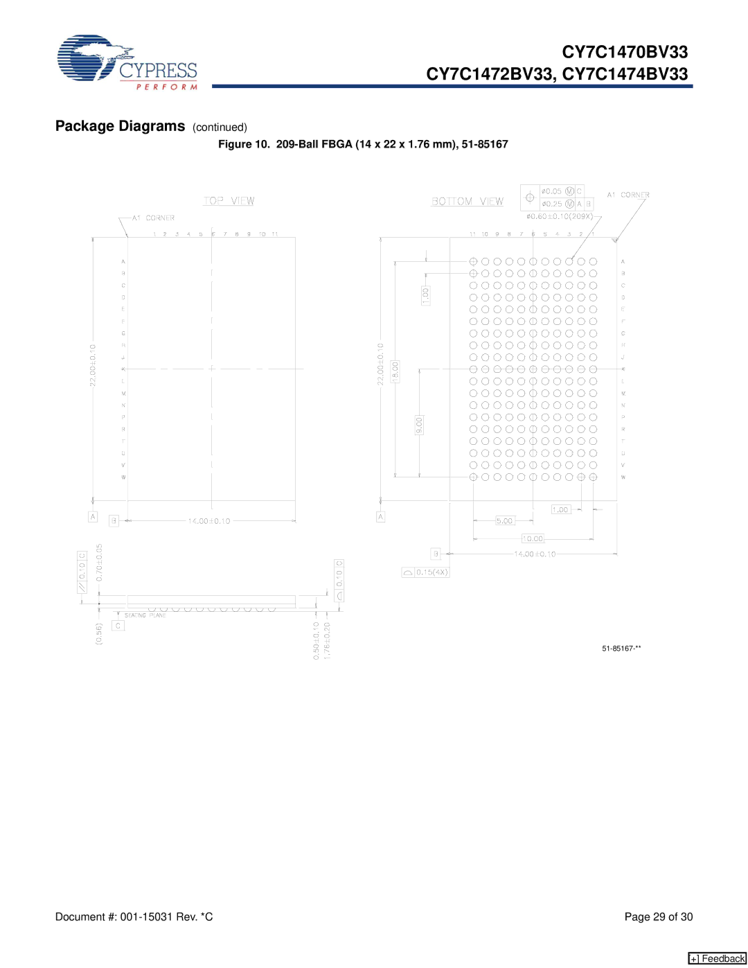 Cypress CY7C1470BV33, CY7C1474BV33, CY7C1472BV33 manual Ball Fbga 14 x 22 x 1.76 mm 