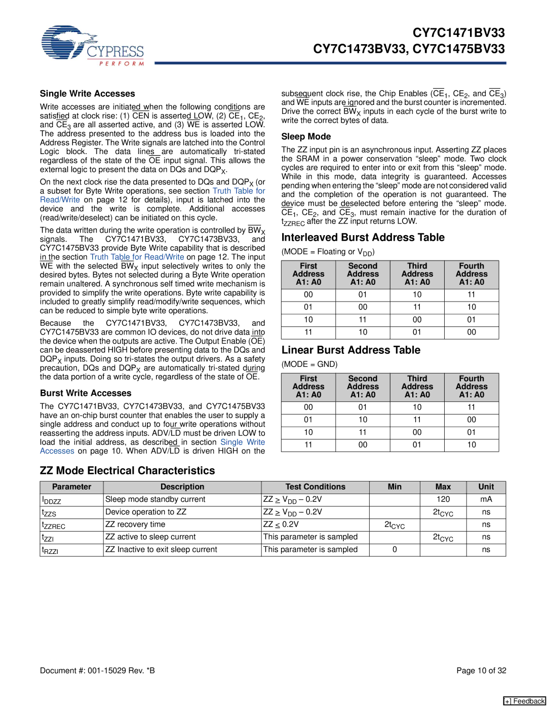 Cypress CY7C1471BV33 manual Interleaved Burst Address Table, Linear Burst Address Table, ZZ Mode Electrical Characteristics 