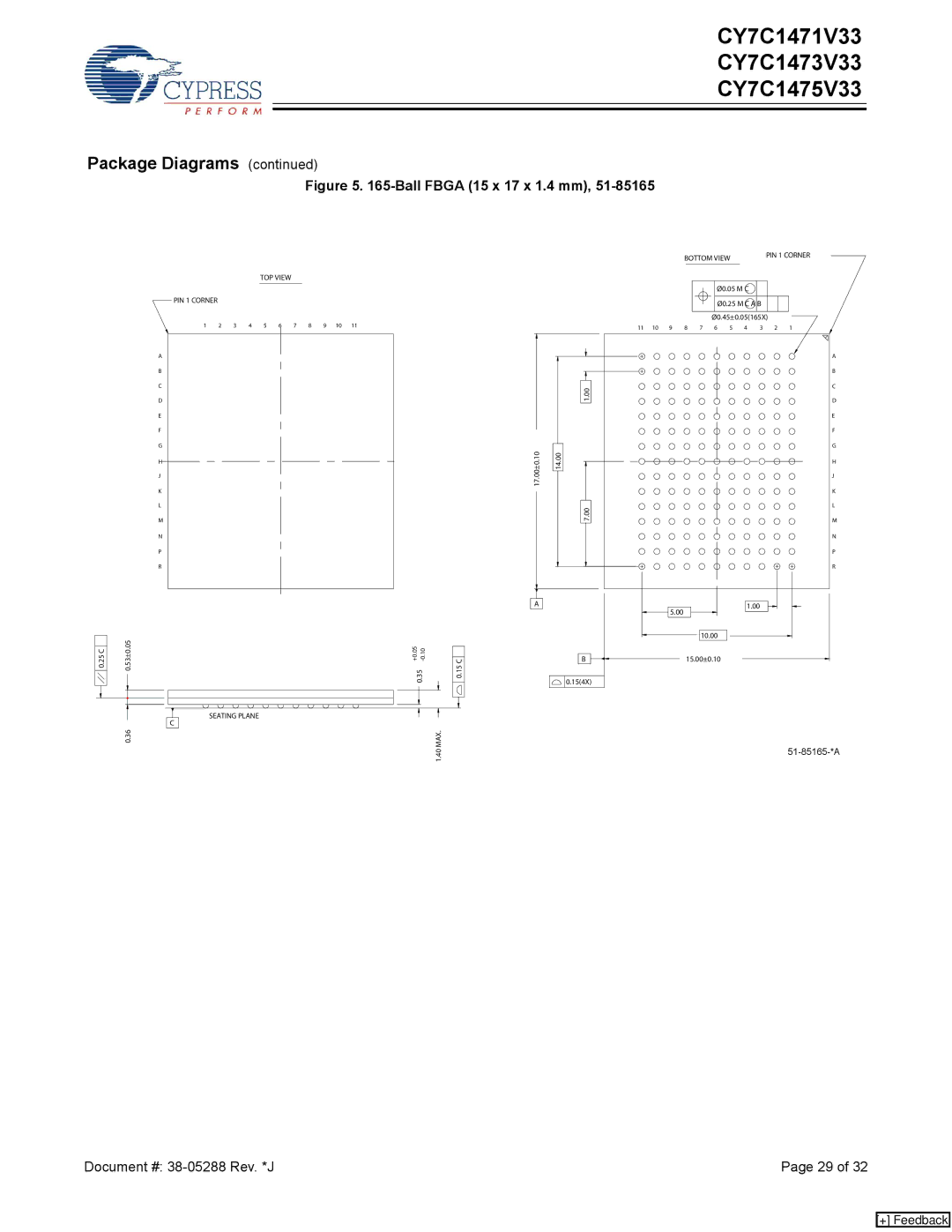 Cypress CY7C1471V33, CY7C1475V33, CY7C1473V33 manual Ball Fbga 15 x 17 x 1.4 mm 