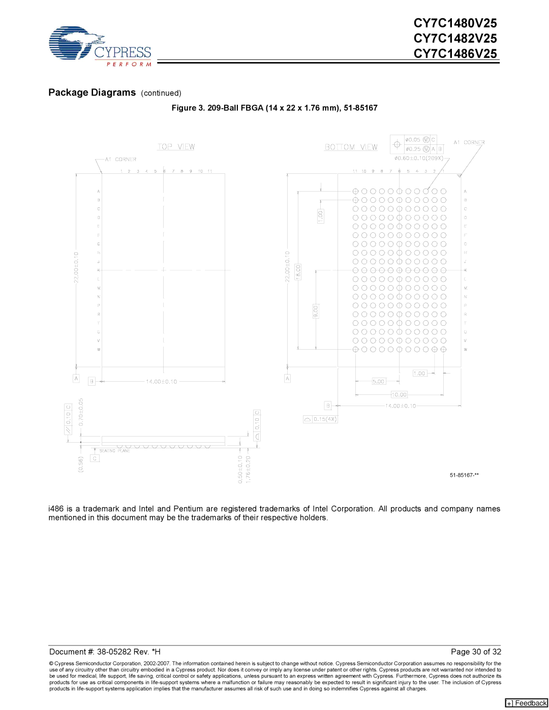 Cypress CY7C1486V25, CY7C1480V25, CY7C1482V25 manual Ball Fbga 14 x 22 x 1.76 mm 