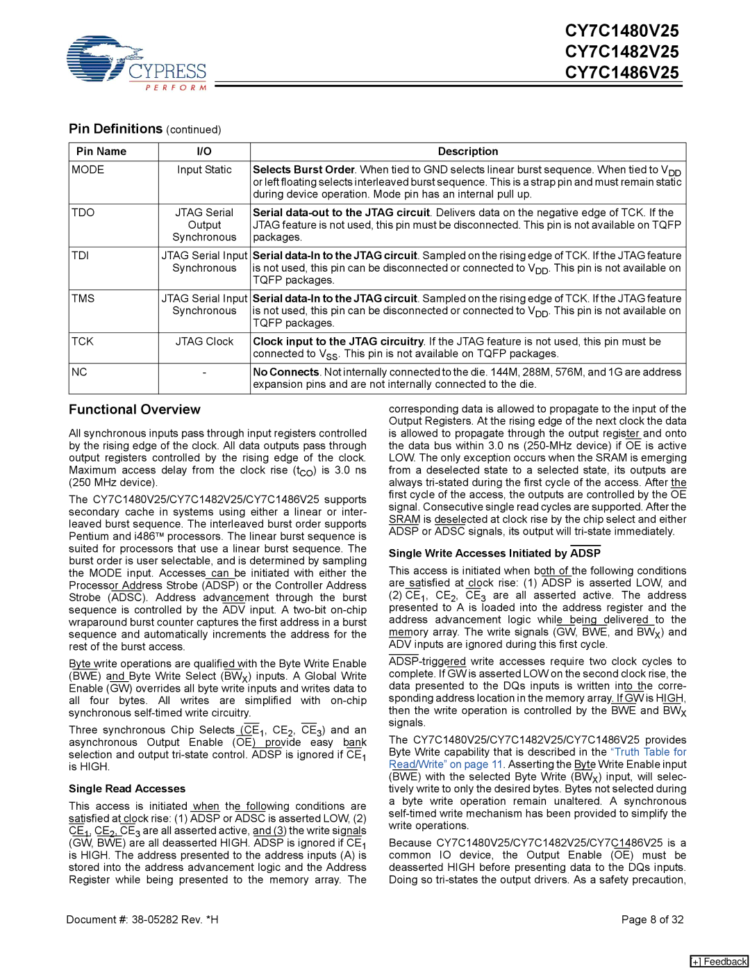 Cypress CY7C1482V25, CY7C1486V25 Functional Overview, Tdi, Single Read Accesses, Single Write Accesses Initiated by Adsp 