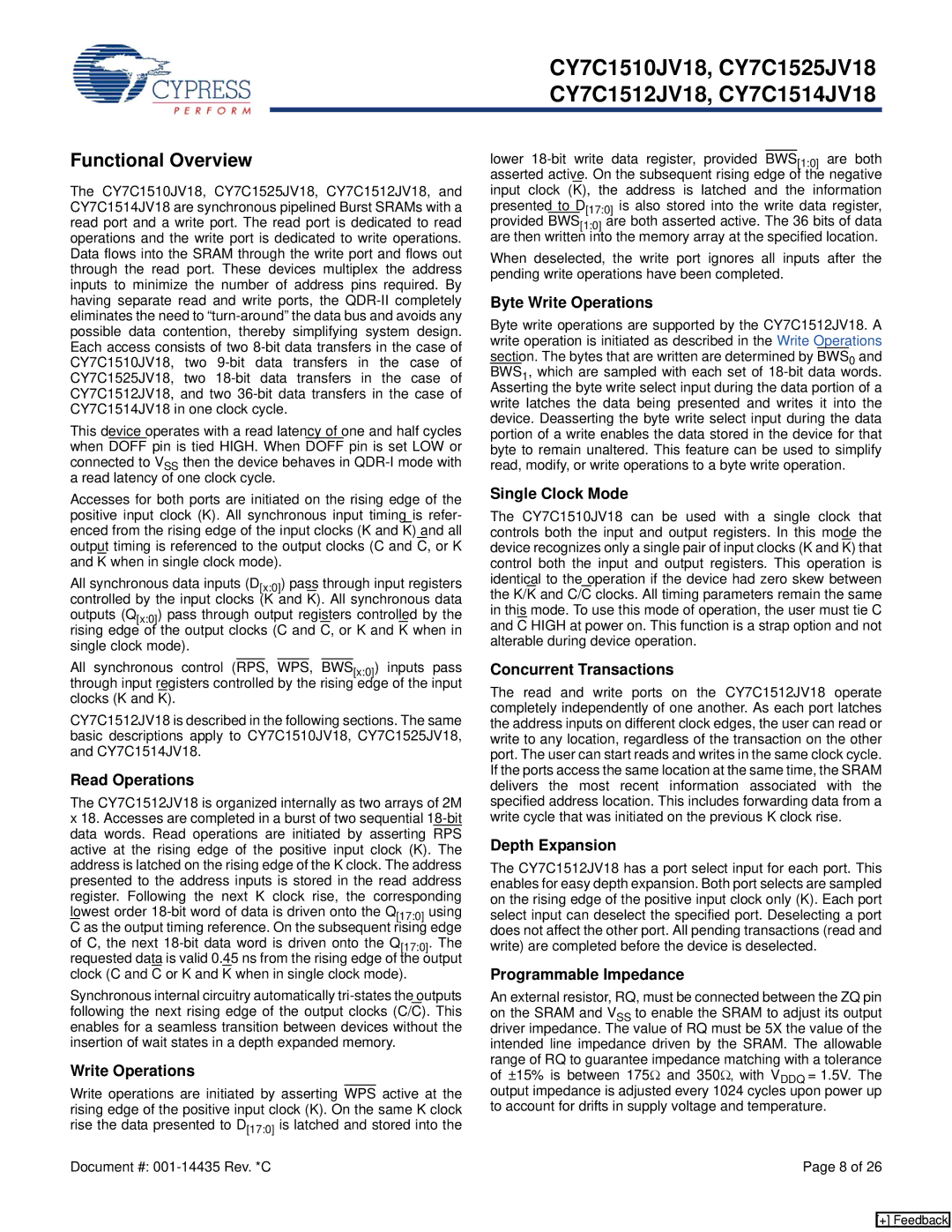 Cypress CY7C1514JV18, CY7C1512JV18, CY7C1510JV18, CY7C1525JV18 manual Functional Overview 