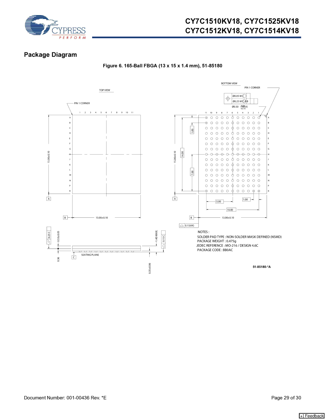 Cypress CY7C1510KV18, CY7C1514KV18, CY7C1512KV18, CY7C1525KV18 manual Package Diagram, Ball Fbga 13 x 15 x 1.4 mm 