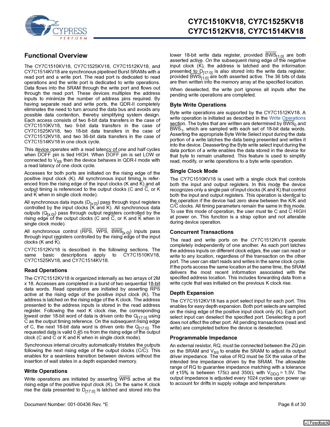 Cypress CY7C1514KV18, CY7C1510KV18, CY7C1512KV18, CY7C1525KV18 manual Functional Overview 