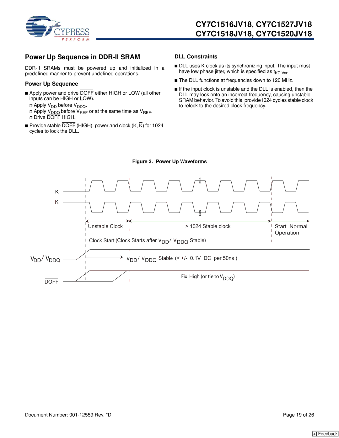 Cypress CY7C1516JV18, CY7C1518JV18, CY7C1520JV18, CY7C1527JV18 manual Power Up Sequence in DDR-II Sram, DLL Constraints 