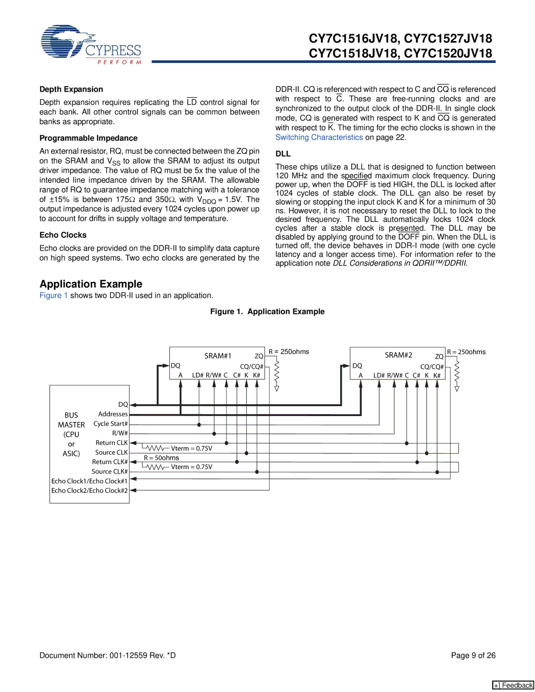 Cypress CY7C1520JV18, CY7C1518JV18 manual Application Example, Depth Expansion, Programmable Impedance, Echo Clocks, Dll 