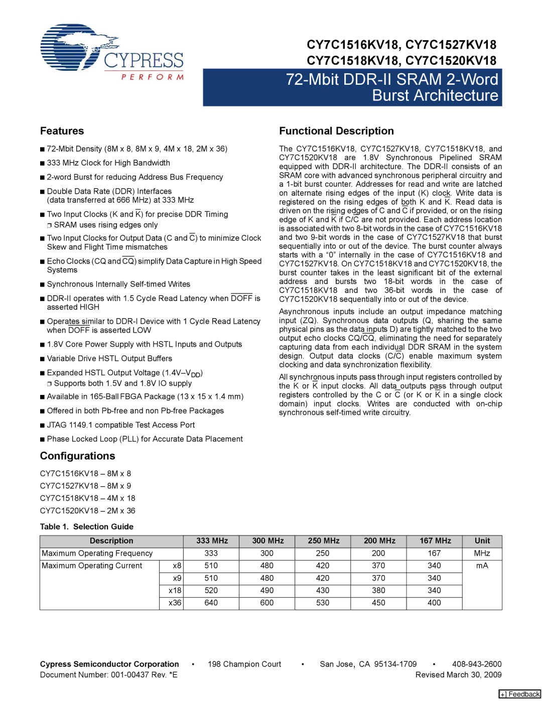 Cypress CY7C1516KV18, CY7C1520KV18, CY7C1527KV18, CY7C1518KV18 manual Features, Functional Description, Configurations 