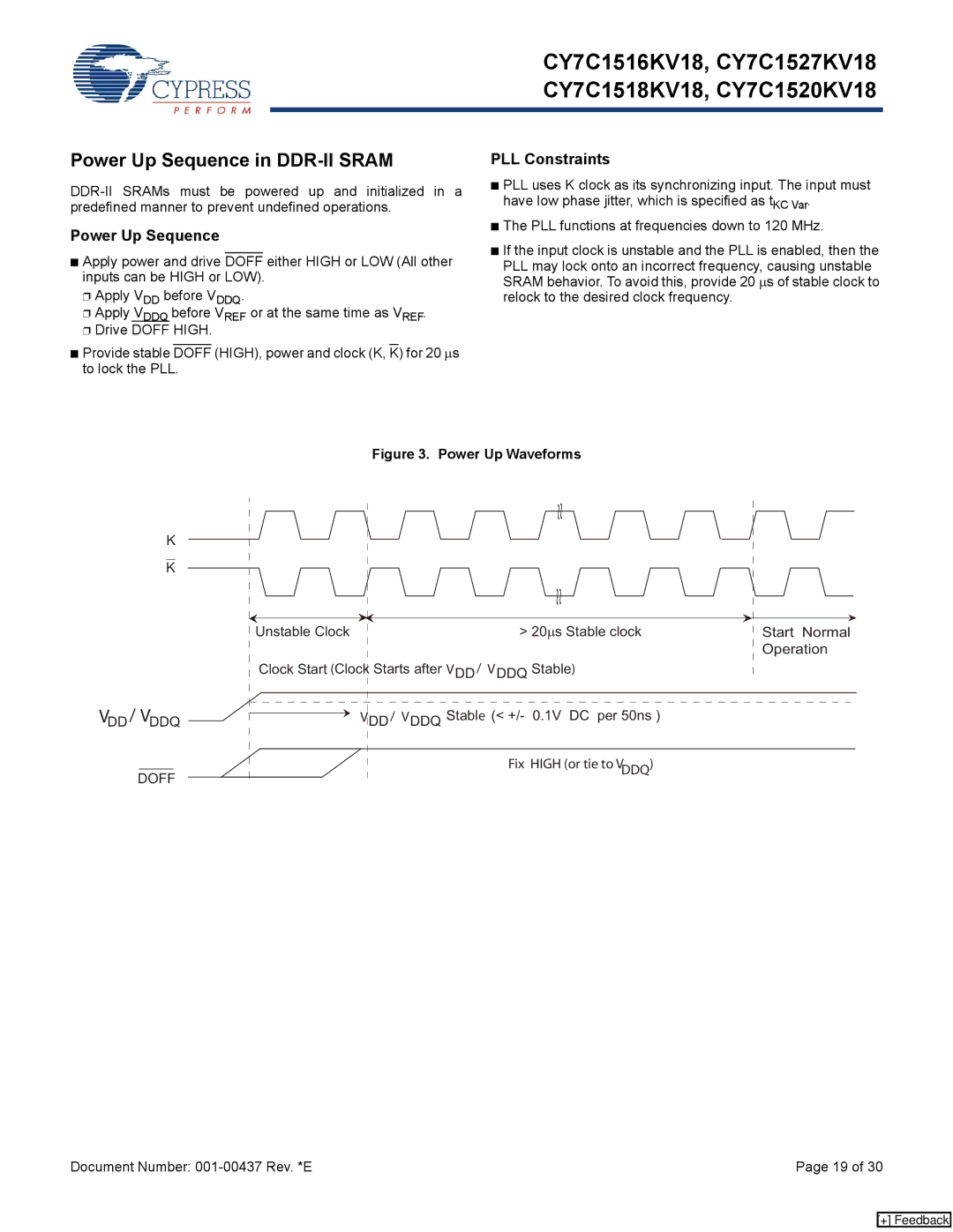 Cypress CY7C1518KV18, CY7C1520KV18, CY7C1516KV18 Power Up Sequence in DDR-II Sram, PLL Constraints, VDD/ Vddq Doff, Ddq 