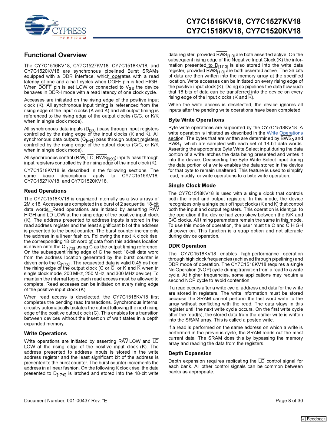 Cypress CY7C1520KV18, CY7C1516KV18, CY7C1527KV18, CY7C1518KV18 manual Functional Overview 