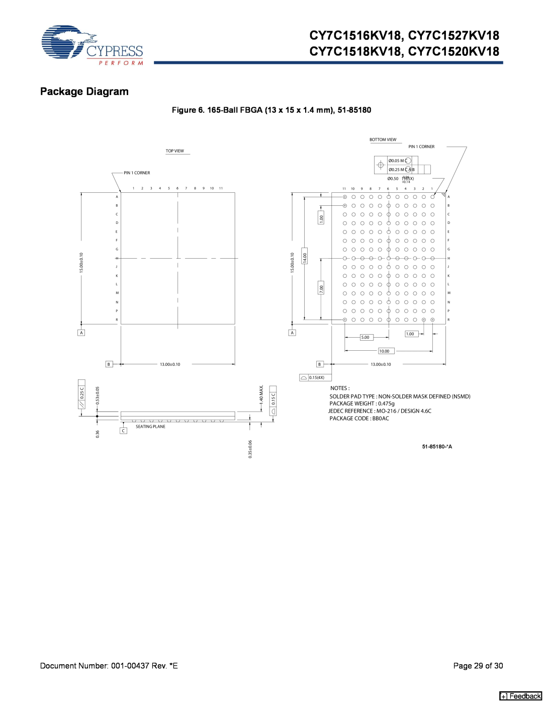 Cypress manual Package Diagram, CY7C1516KV18, CY7C1527KV18 CY7C1518KV18, CY7C1520KV18, 165-Ball FBGA 13 x 15 x 1.4 mm 