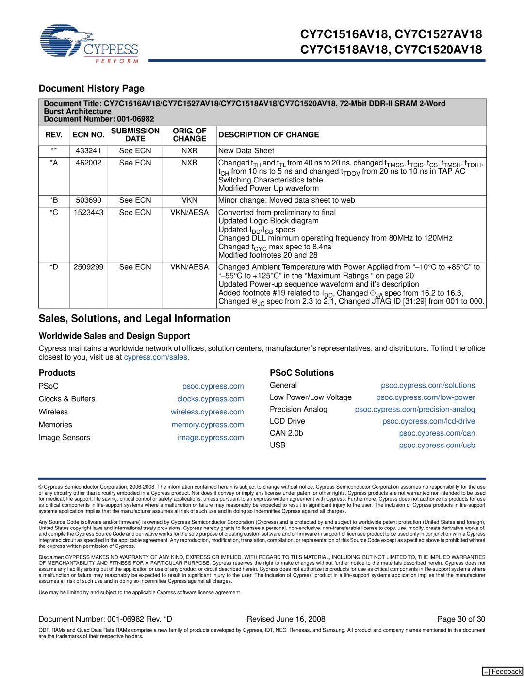 Cypress CY7C1516AV18 Sales, Solutions, and Legal Information, Worldwide Sales and Design Support Products PSoC Solutions 