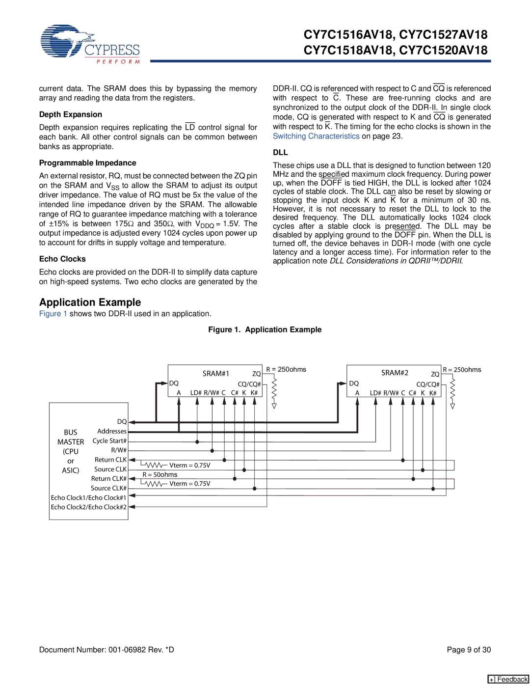 Cypress CY7C1520AV18, CY7C1527AV18 manual Application Example, Depth Expansion, Programmable Impedance, Echo Clocks, Dll 