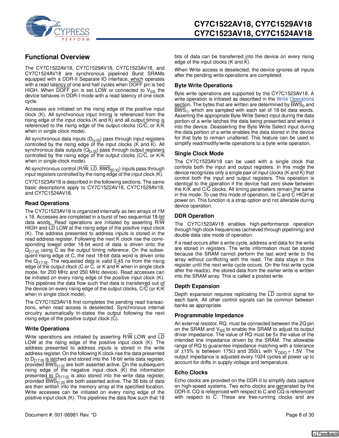 Cypress CY7C1529AV18, CY7C1524AV18, CY7C1522AV18, CY7C1523AV18 manual Functional Overview 