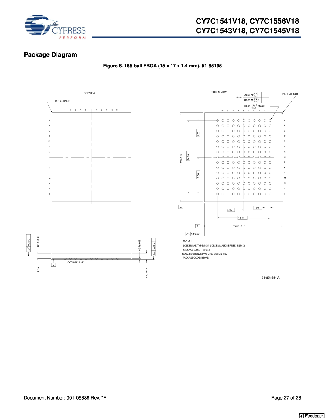 Cypress Package Diagram, CY7C1541V18, CY7C1556V18 CY7C1543V18, CY7C1545V18, 165-ball FBGA 15 x 17 x 1.4 mm, + Feedback 