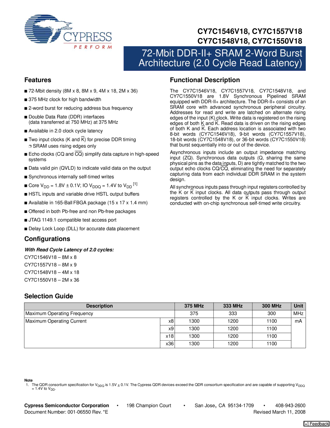 Cypress CY7C1546V18, CY7C1548V18, CY7C1550V18 manual Features, Functional Description, Configurations, Selection Guide 