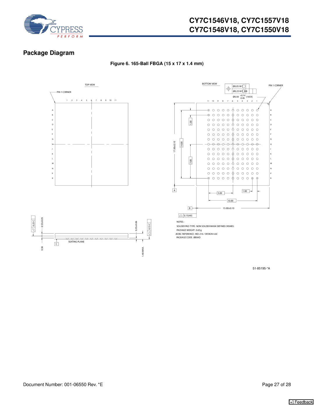 Cypress CY7C1557V18, CY7C1548V18, CY7C1546V18, CY7C1550V18 manual Package Diagram, Ball Fbga 15 x 17 x 1.4 mm 