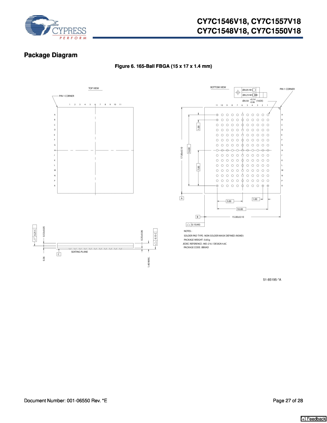 Cypress Package Diagram, CY7C1546V18, CY7C1557V18 CY7C1548V18, CY7C1550V18, 165-Ball FBGA 15 x 17 x 1.4 mm, + Feedback 