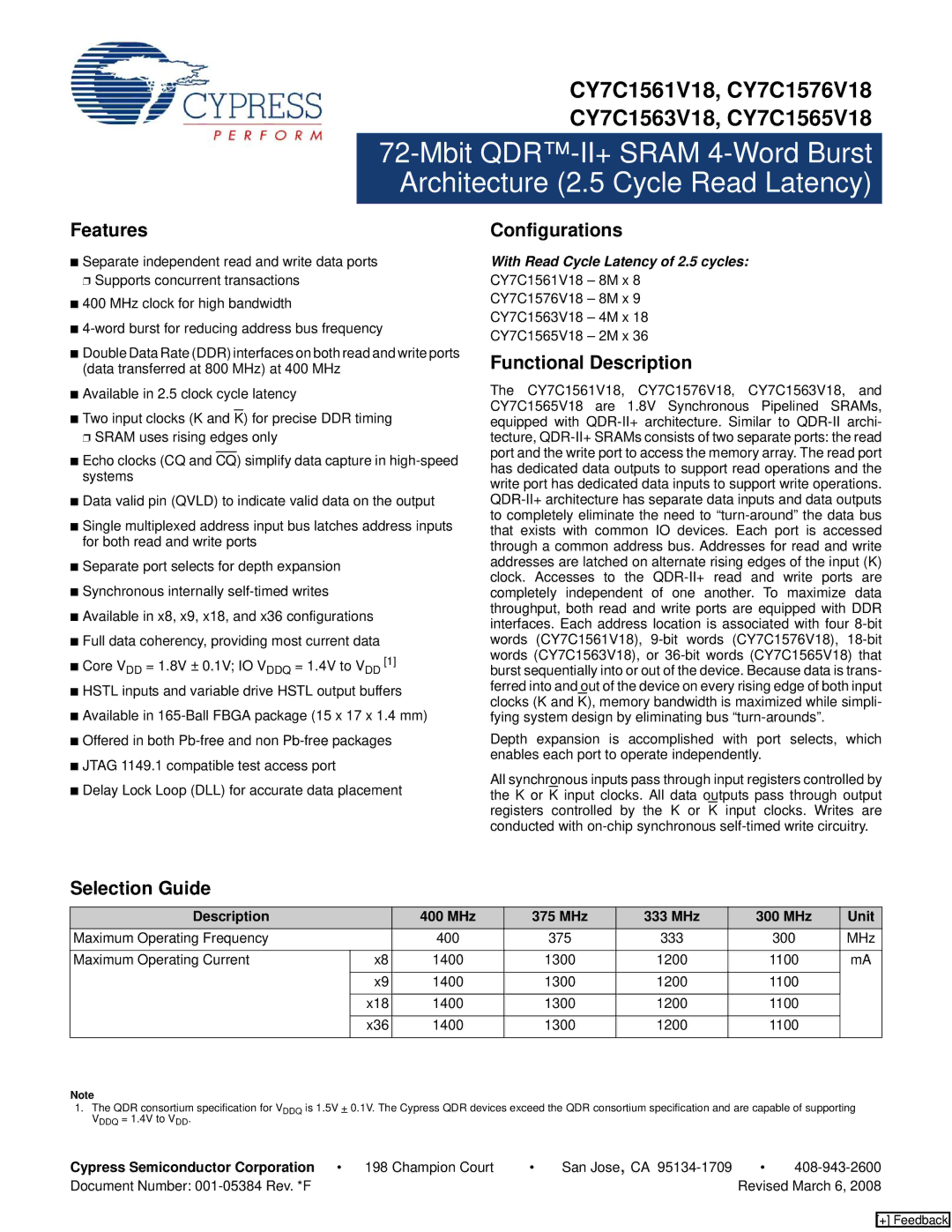 Cypress CY7C1565V18, CY7C1576V18, CY7C1563V18 manual Features Configurations, Selection Guide, Functional Description 