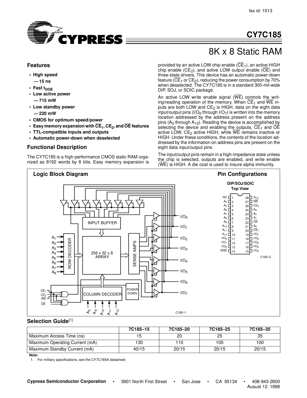 Cypress CY7C185 specifications Features, Functional Description, Logic Block Diagram Pin Configurations, Selection Guide1 