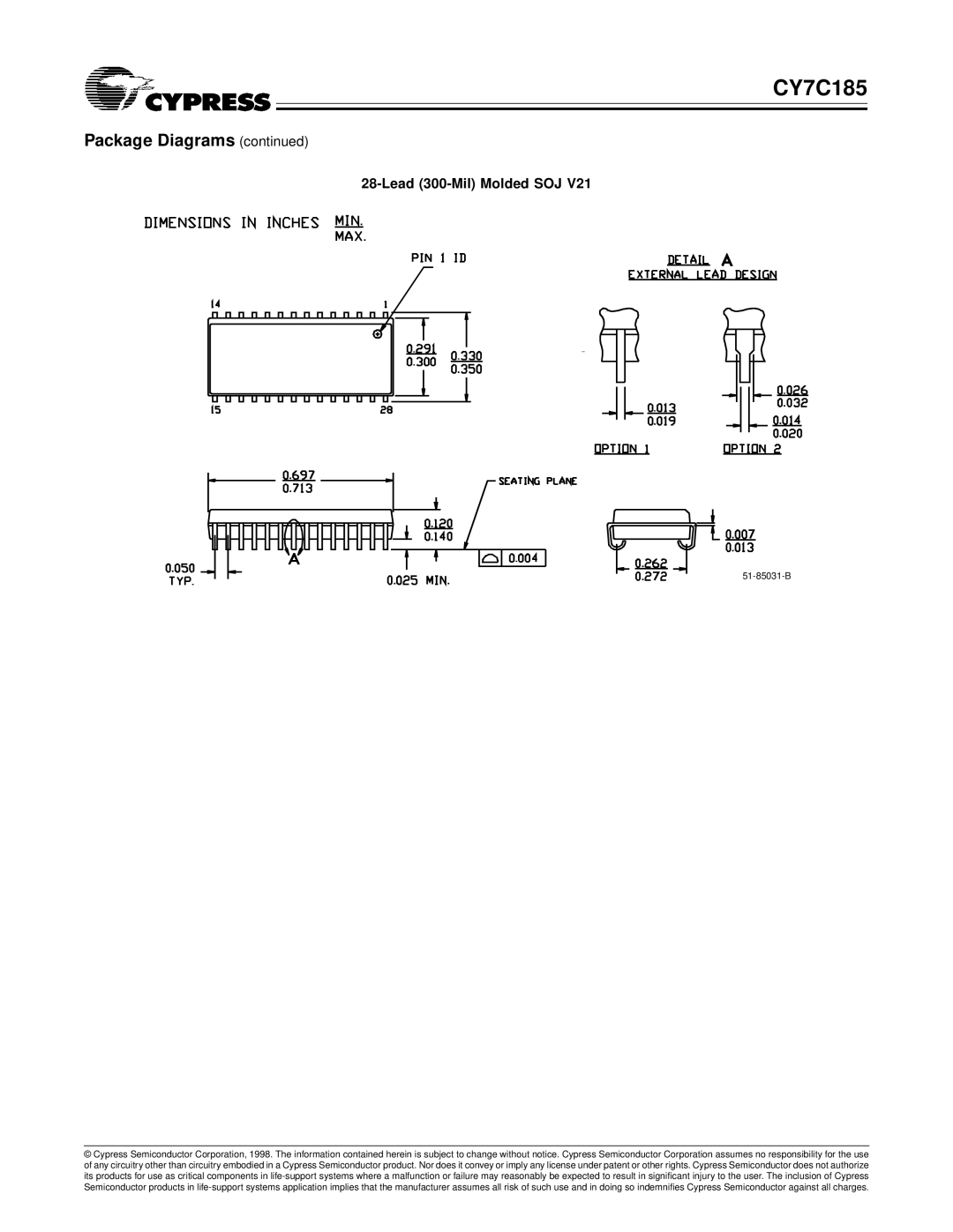 Cypress CY7C185 specifications Lead 300-Mil Molded SOJ 