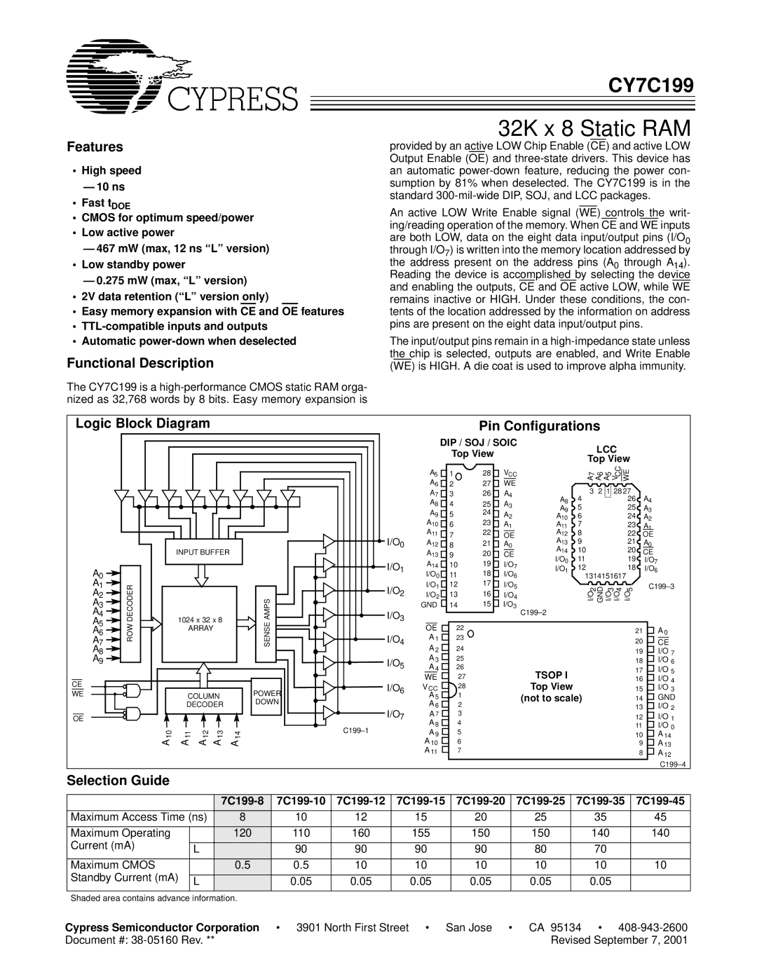 Cypress CY7C199 manual Features, Functional Description, Logic Block Diagram Pin Configurations, Selection Guide 