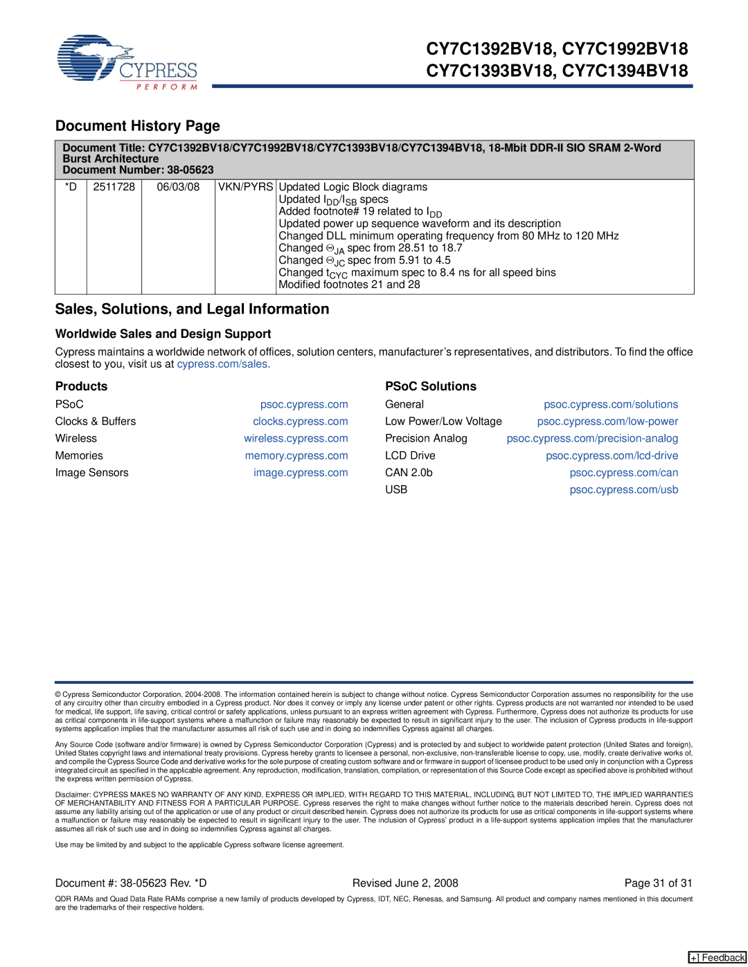 Cypress CY7C1392BV18 Sales, Solutions, and Legal Information, Worldwide Sales and Design Support Products PSoC Solutions 