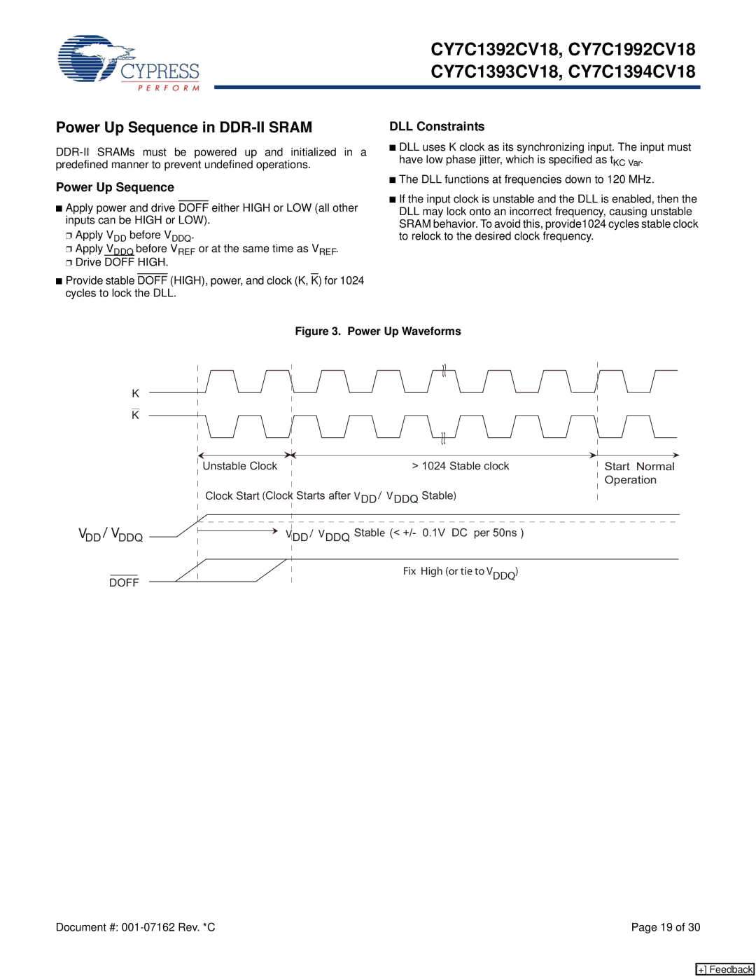 Cypress CY7C1392CV18, CY7C1992CV18, CY7C1393CV18, CY7C1394CV18 manual Power Up Sequence in DDR-II Sram, DLL Constraints 