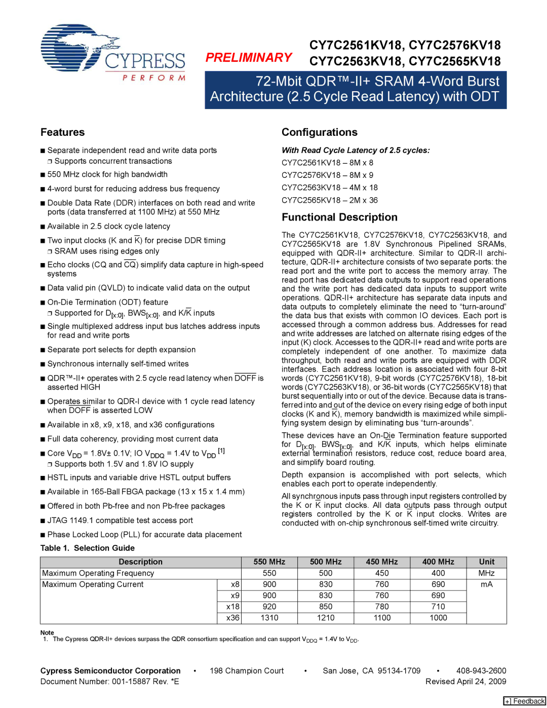 Cypress CY7C2561KV18, CY7C2563KV18, CY7C2576KV18, CY7C2565KV18 manual Features Configurations, Functional Description 