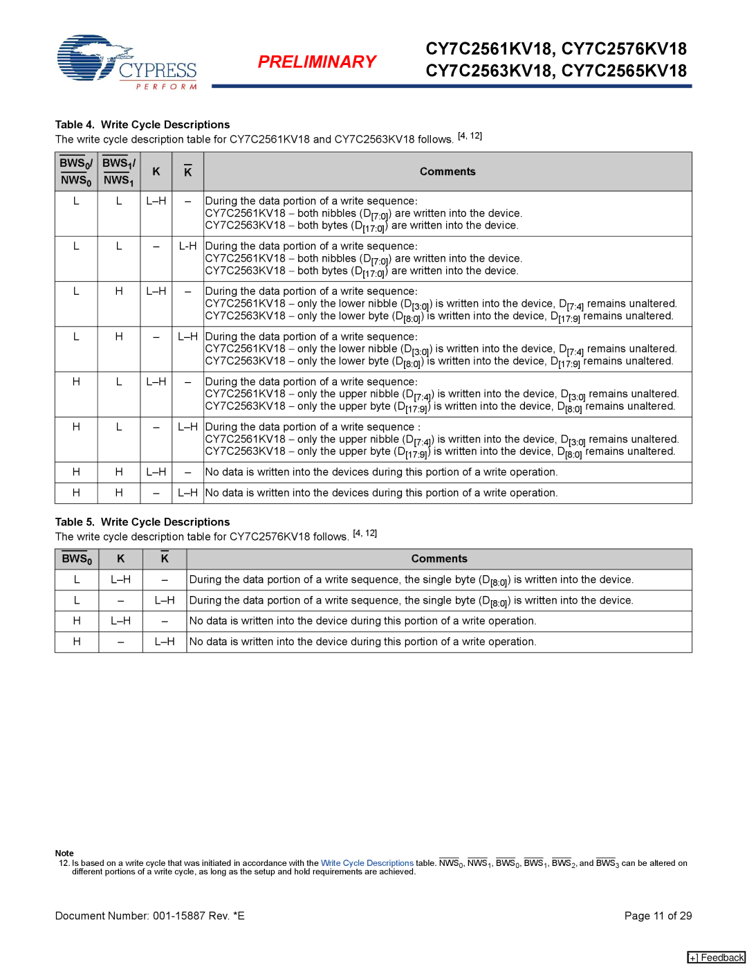 Cypress CY7C2565KV18 Write Cycle Descriptions, Comments, Remains unaltered, During the data portion of a write sequence 