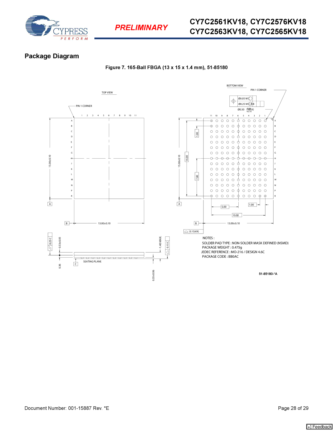 Cypress CY7C2563KV18, CY7C2561KV18, CY7C2576KV18, CY7C2565KV18 manual Package Diagram, Ball Fbga 13 x 15 x 1.4 mm 