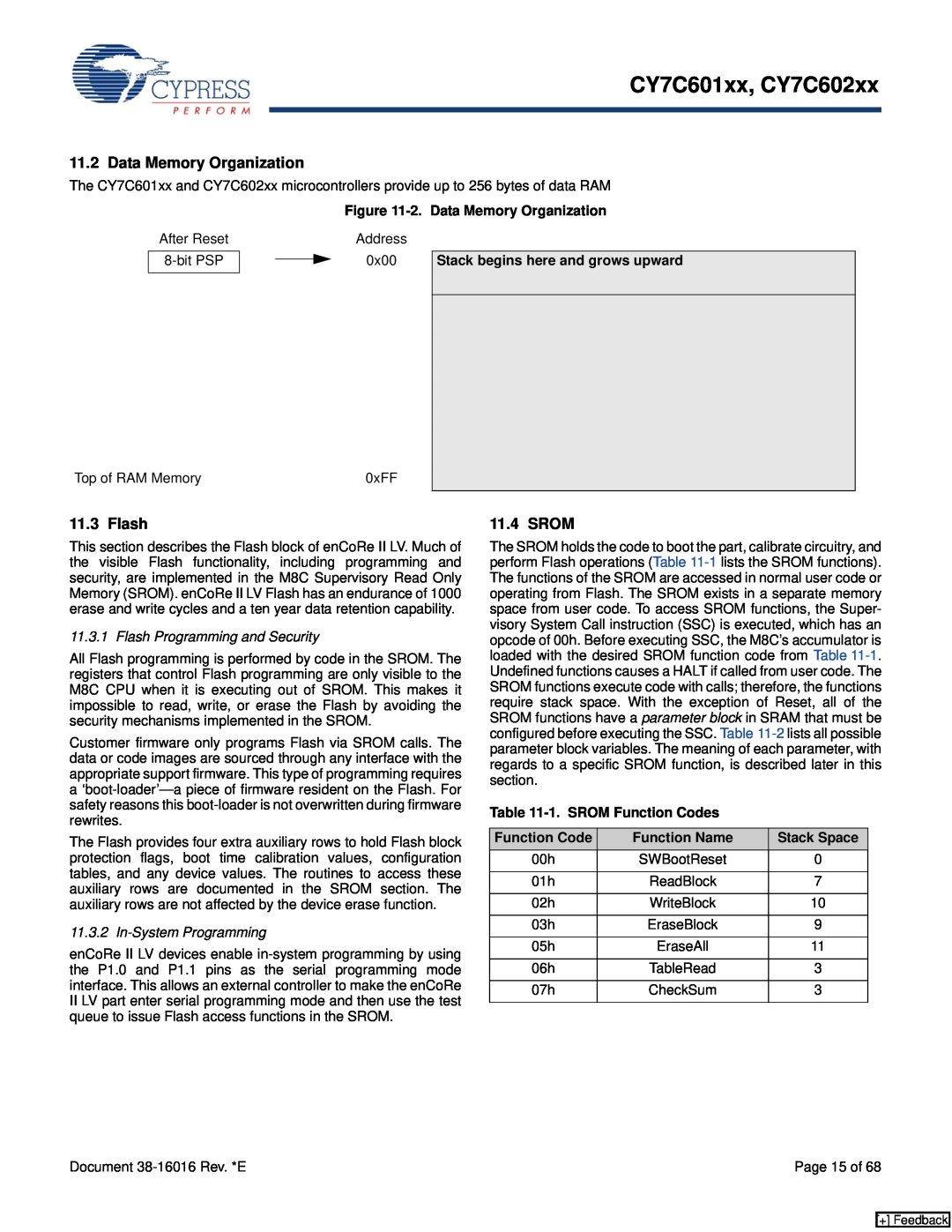 Cypress CY7C602xx Flash, Srom, 2. Data Memory Organization, Stack begins here and grows upward, In-System Programming 