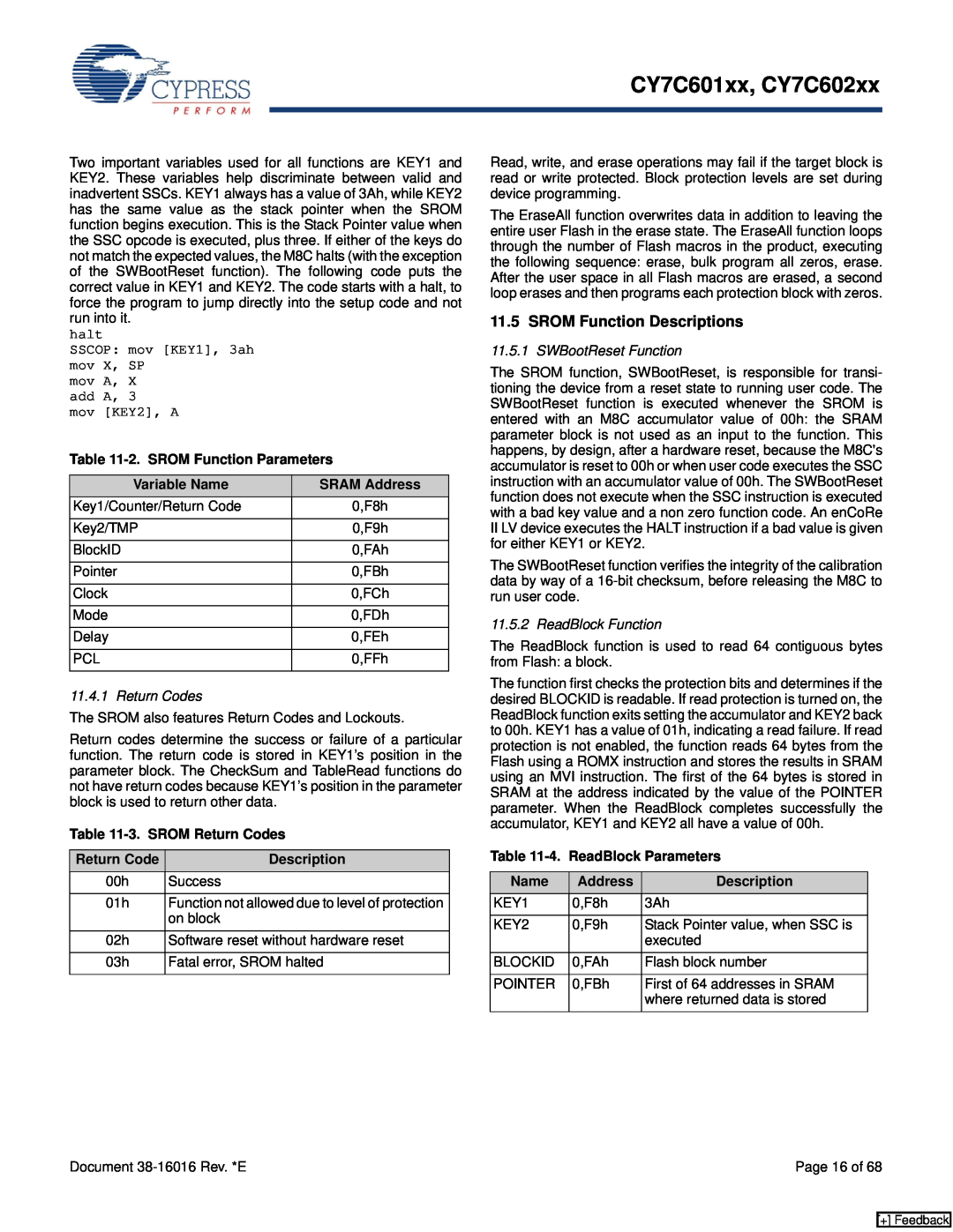 Cypress CY7C601xx manual SROM Function Descriptions, 2. SROM Function Parameters, Variable Name, SRAM Address, Return Codes 