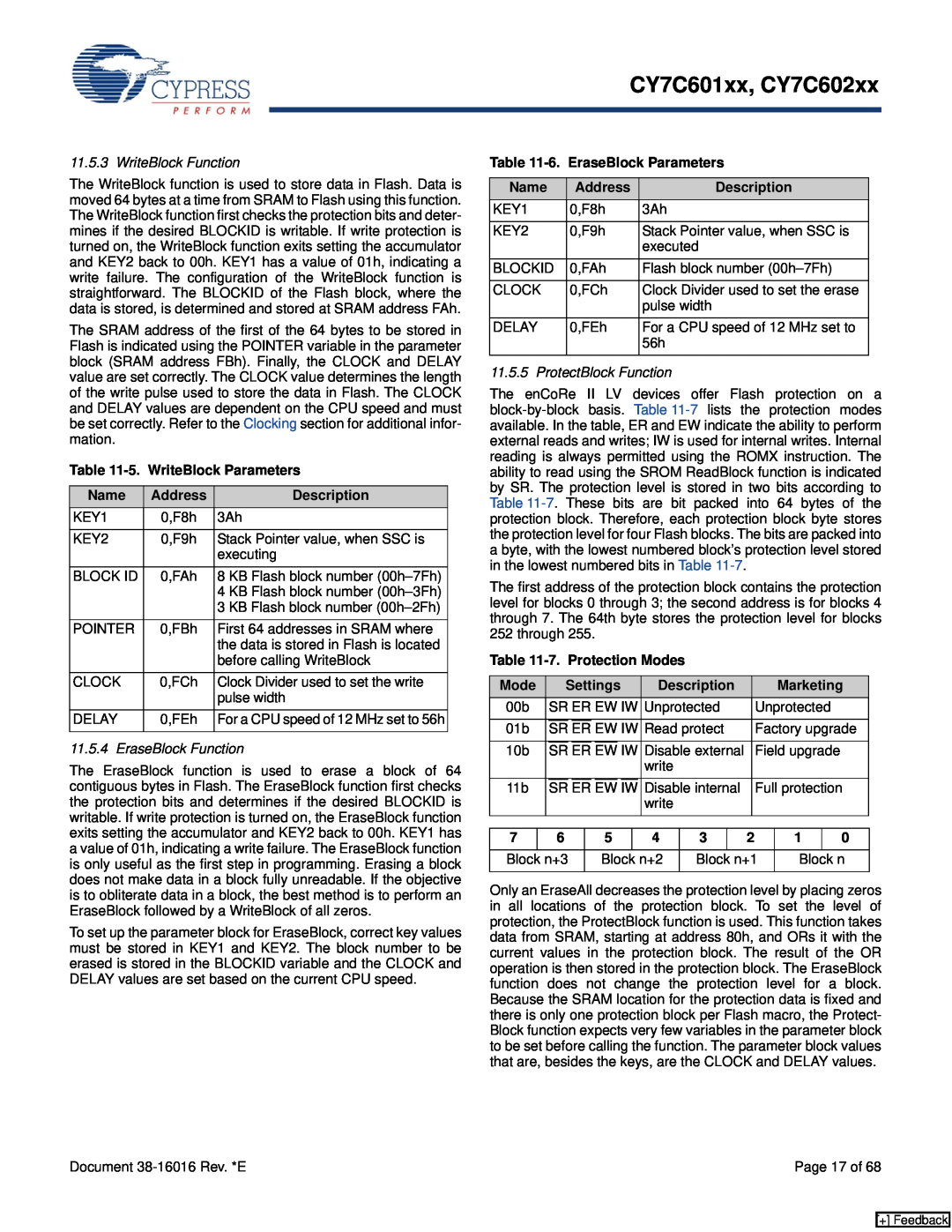 Cypress CY7C602xx WriteBlock Function, 5. WriteBlock Parameters, EraseBlock Function, 6. EraseBlock Parameters, Mode, Name 