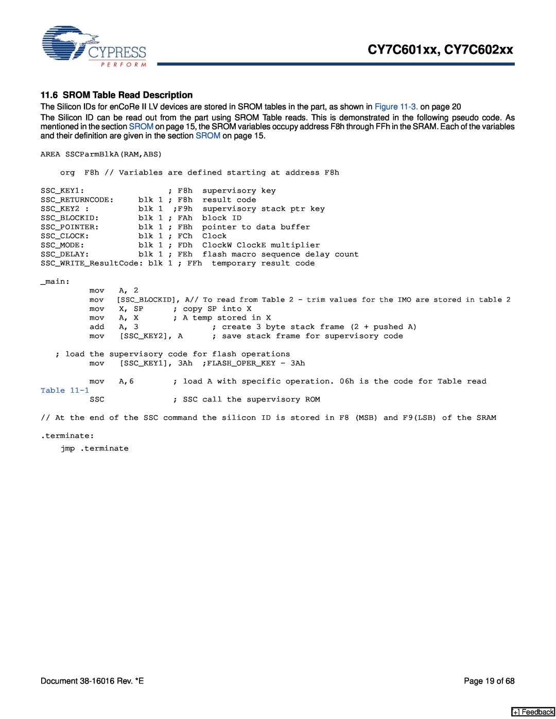 Cypress manual SROM Table Read Description, CY7C601xx, CY7C602xx, Page 19 of 