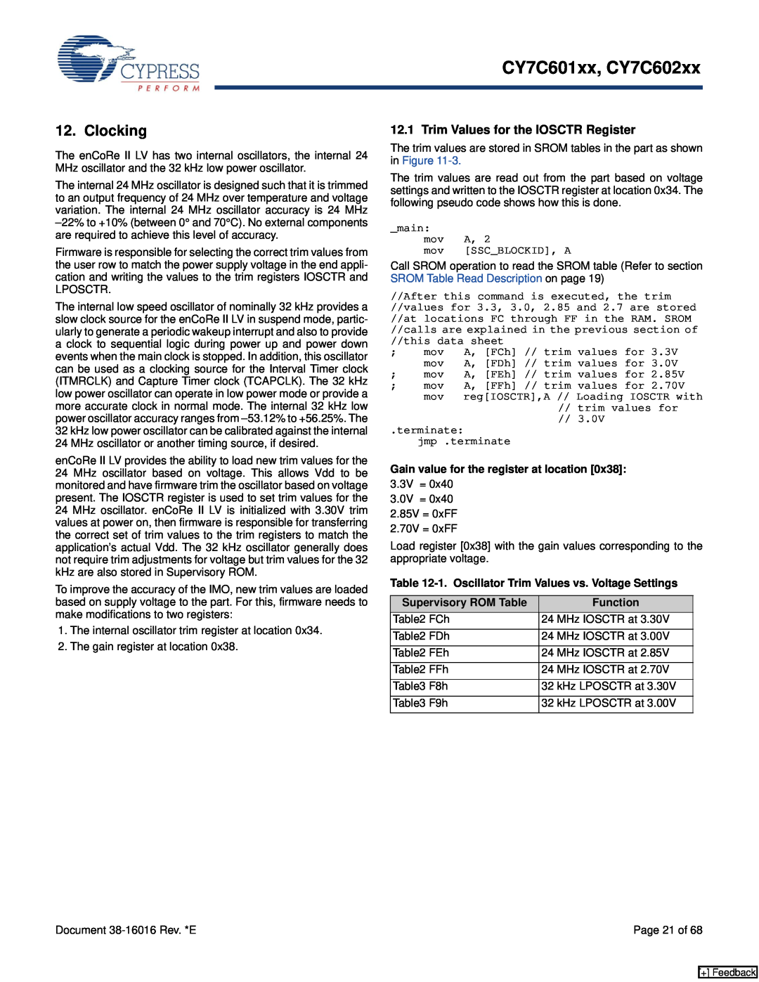 Cypress CY7C602xx manual Clocking, Trim Values for the IOSCTR Register, Gain value for the register at location 0x38 3.3V = 