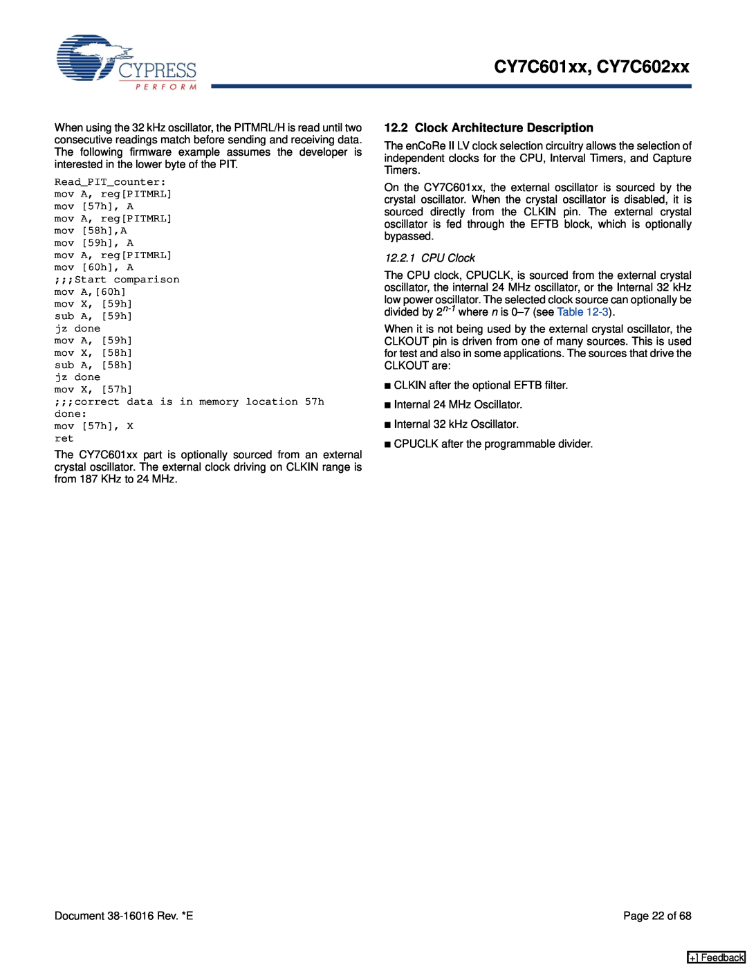 Cypress manual Clock Architecture Description, CPU Clock, CY7C601xx, CY7C602xx 