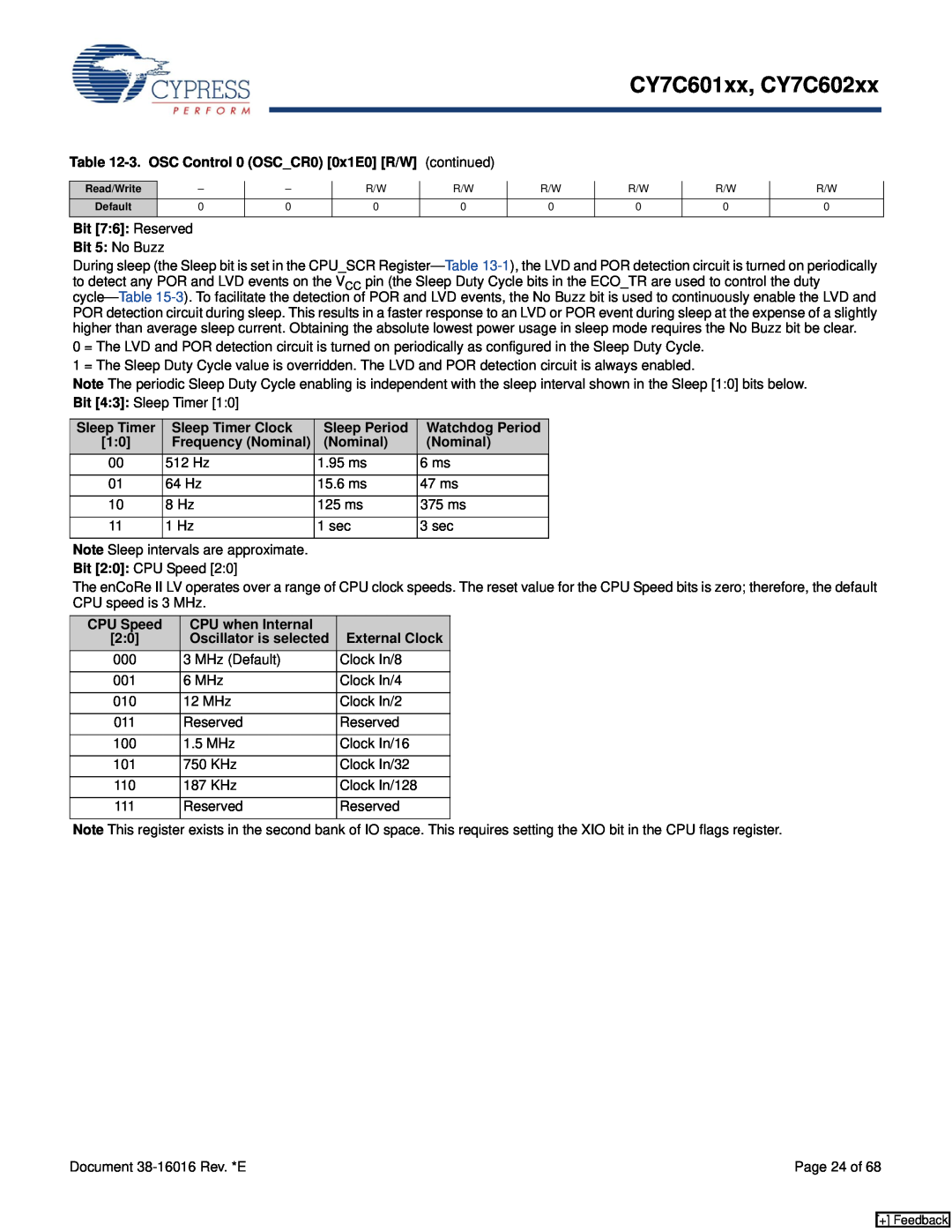 Cypress CY7C601xx 3. OSC Control 0 OSCCR0 0x1E0 R/W continued, Bit 76 Reserved Bit 5 No Buzz, Sleep Timer, Sleep Period 
