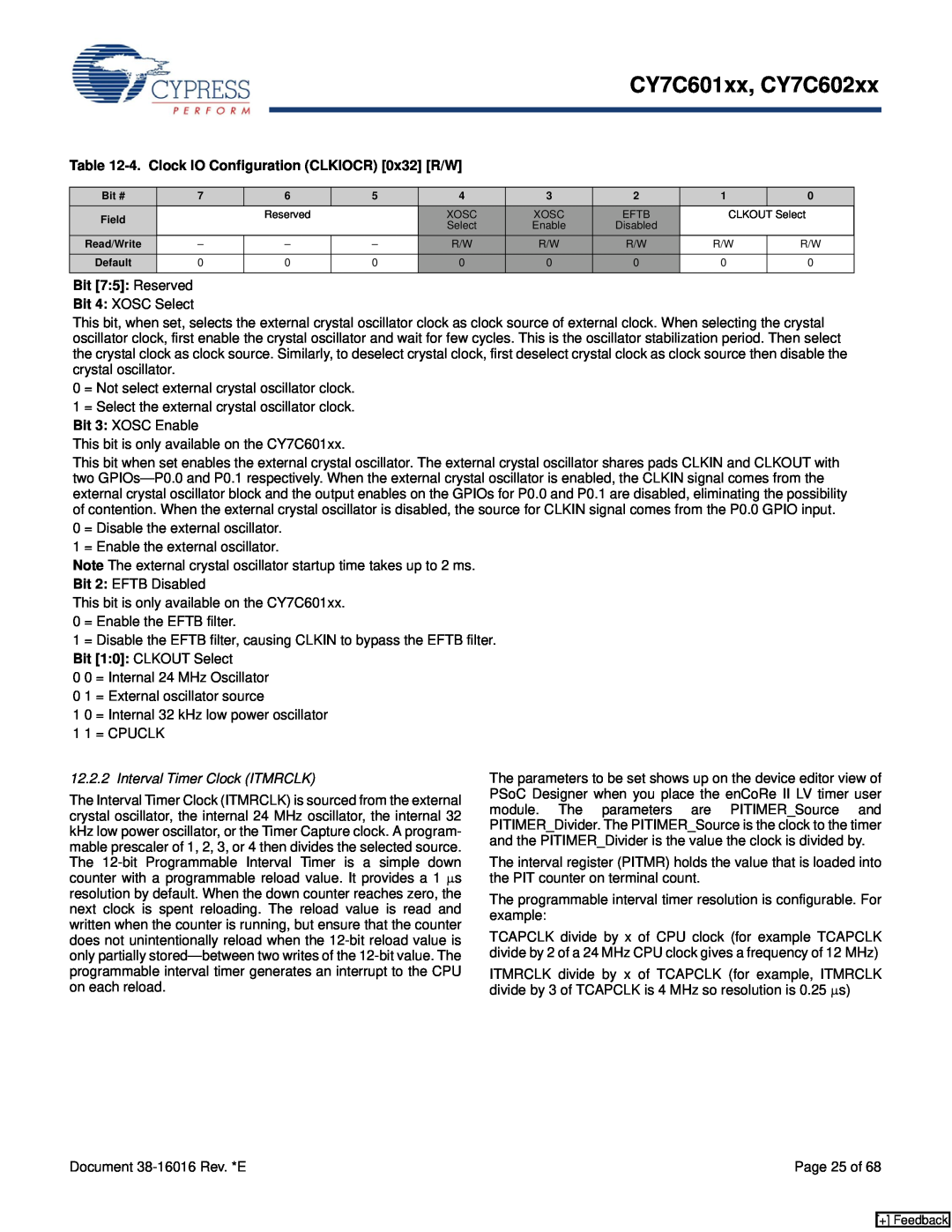 Cypress CY7C602xx, CY7C601xx 4. Clock IO Configuration CLKIOCR 0x32 R/W, Bit 75 Reserved, Interval Timer Clock ITMRCLK 