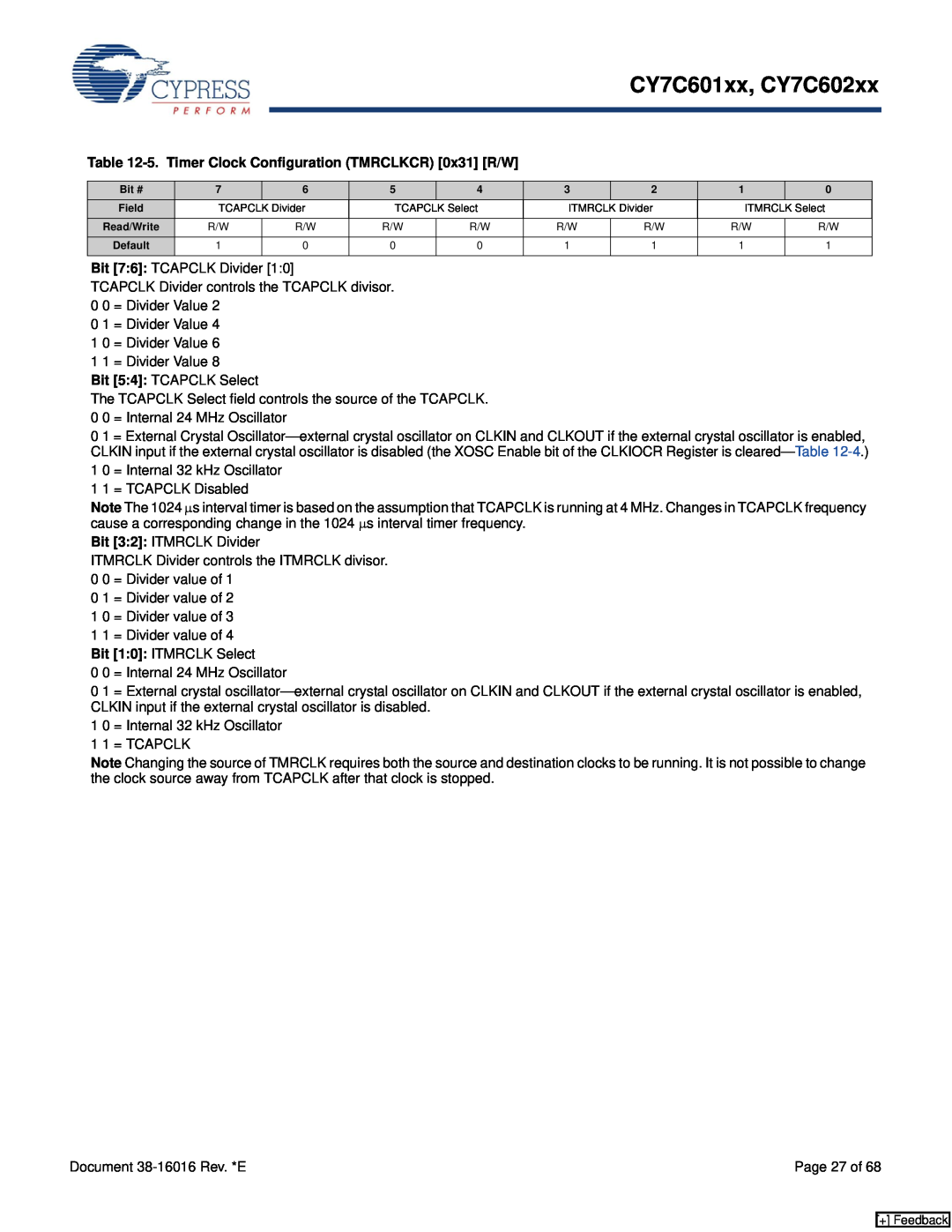 Cypress manual 5. Timer Clock Configuration TMRCLKCR 0x31 R/W, CY7C601xx, CY7C602xx, Page 27 of 