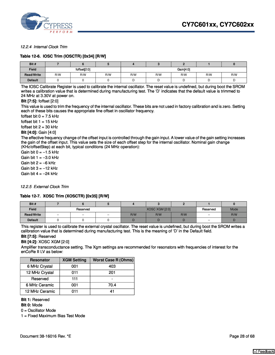 Cypress CY7C601xx manual Internal Clock Trim, 6. IOSC Trim IOSCTR 0x34 R/W, Bit 40 Gain, External Clock Trim, Resonator 