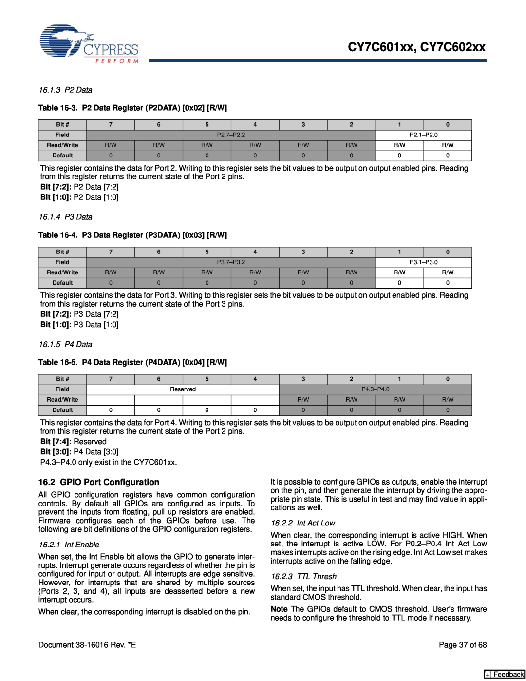 Cypress CY7C602xx GPIO Port Configuration, 16.1.3 P2 Data, 3. P2 Data Register P2DATA 0x02 R/W, 16.1.4 P3 Data, Int Enable 