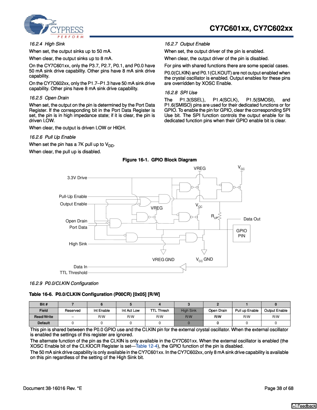 Cypress CY7C601xx, CY7C602xx manual High Sink, Open Drain, Output Enable, SPI Use, Pull Up Enable, 1. GPIO Block Diagram 