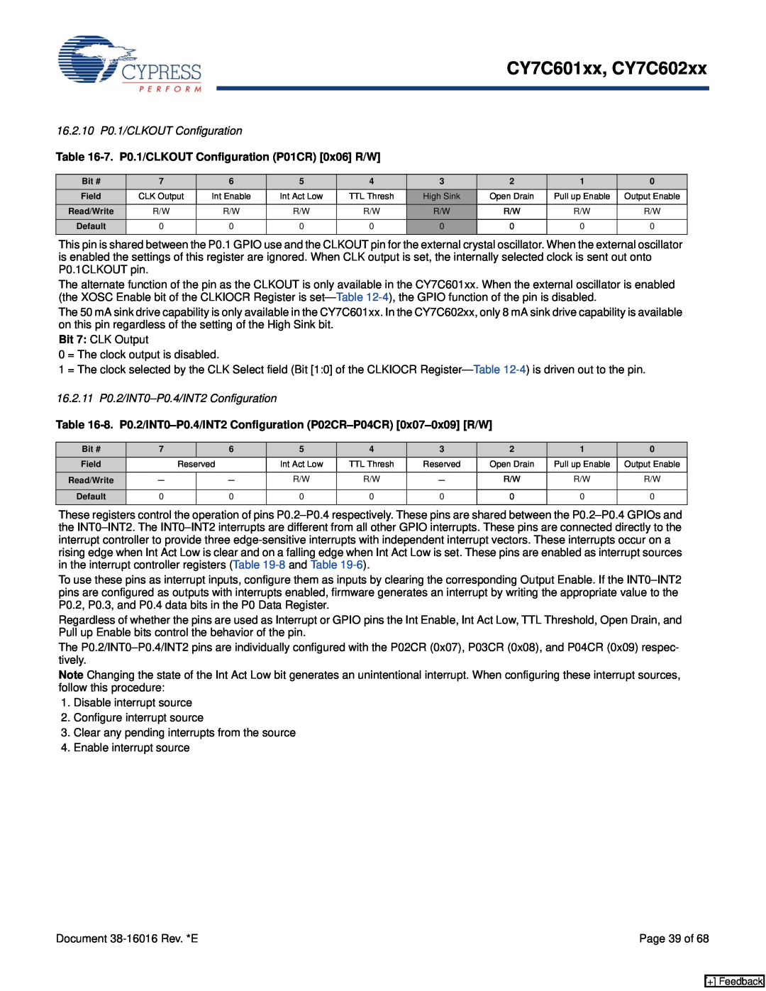 Cypress manual 16.2.10 P0.1/CLKOUT Configuration, 7. P0.1/CLKOUT Configuration P01CR 0x06 R/W, CY7C601xx, CY7C602xx 