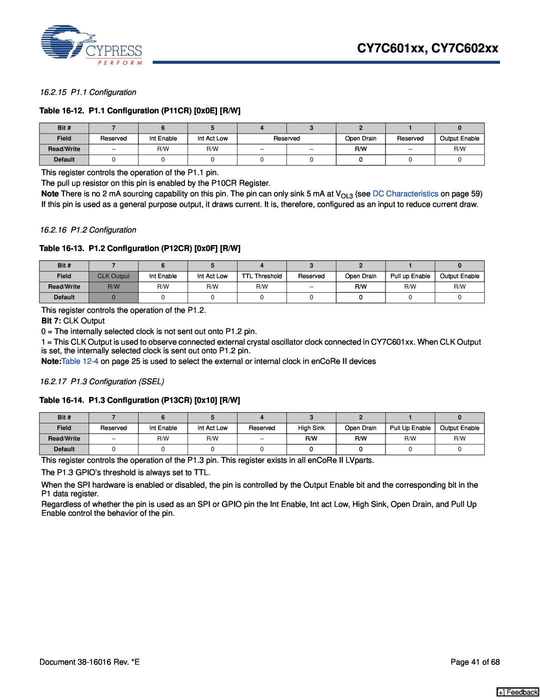 Cypress CY7C602xx, CY7C601xx 16.2.15 P1.1 Configuration, 12. P1.1 Configuration P11CR 0x0E R/W, 16.2.16 P1.2 Configuration 