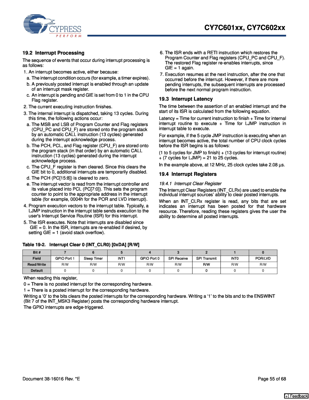 Cypress CY7C602xx Interrupt Processing, Interrupt Latency, Interrupt Registers, 2. Interrupt Clear 0 INTCLR0 0xDA R/W 