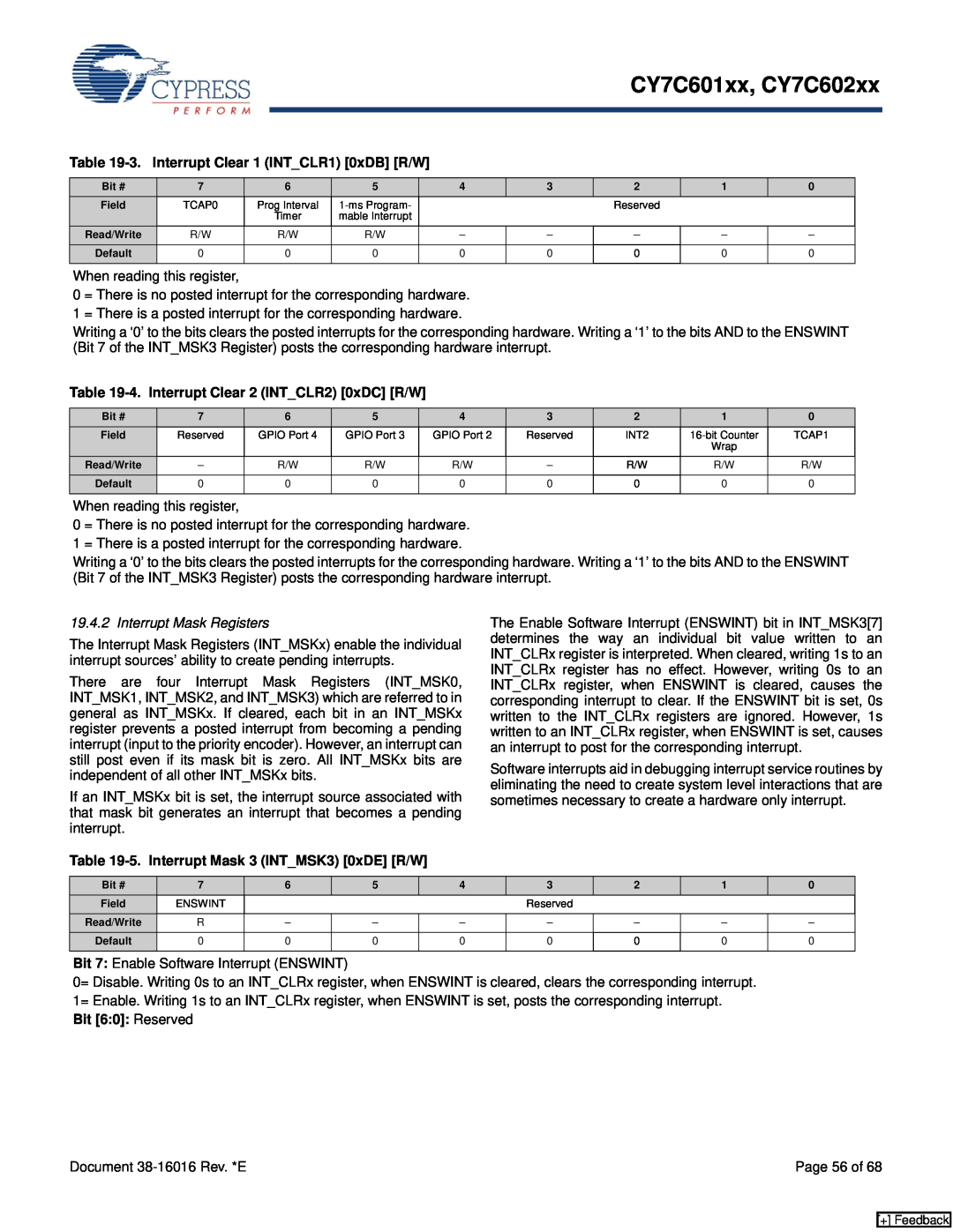Cypress CY7C601xx 3. Interrupt Clear 1 INTCLR1 0xDB R/W, Interrupt Clear 2 INTCLR2 0xDC R/W, Interrupt Mask Registers 