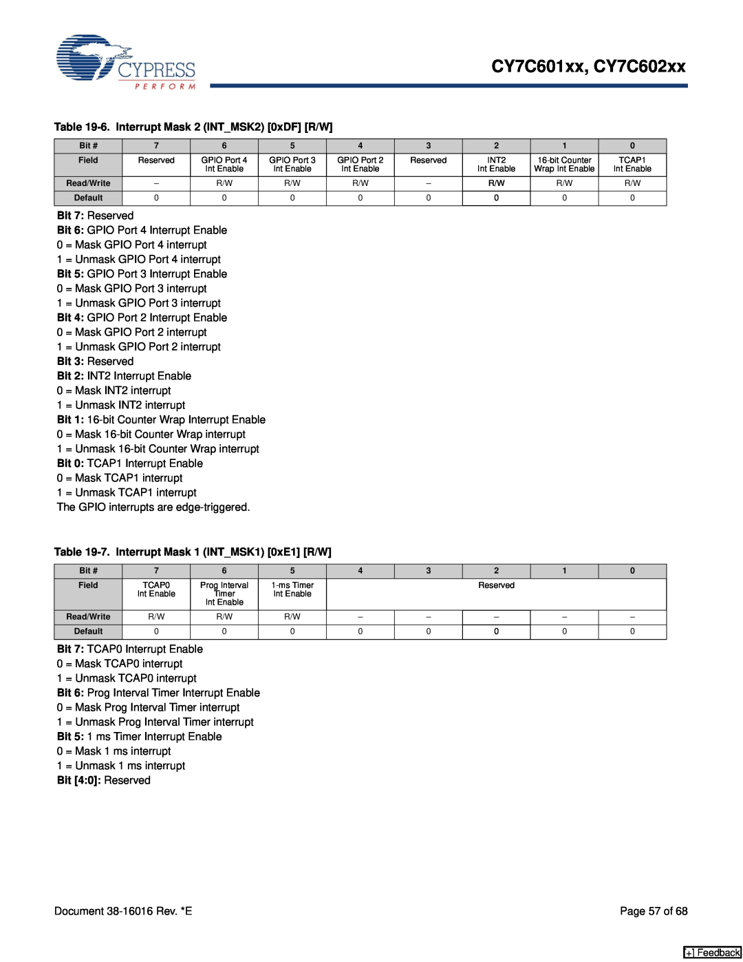 Cypress 6. Interrupt Mask 2 INTMSK2 0xDF R/W, 7. Interrupt Mask 1 INTMSK1 0xE1 R/W, CY7C601xx, CY7C602xx, Page 57 of 